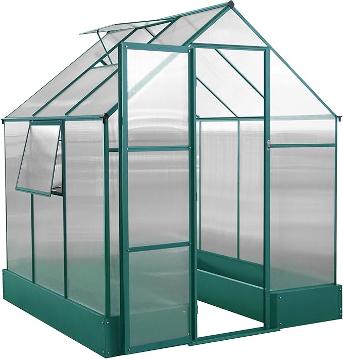 6'x 6' Polycarbonate Greenhouse with Waterproof and Lockable DoorLarge Space Heavy Duty Walk-in Plant Garden Conservatory w/ Rain Gutters&ampCross Bracingfor Backyard OutdoorGreen