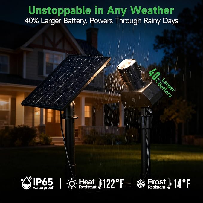 Outdoor Solar Spotlight Adjustable Angle Landscape Spotlight Waterproof 2500mAh All Night Separate Panel LED Uplight Dusk to Dawn 5 Lighting Modes for Outside Patio Wall Path House 4 Pack