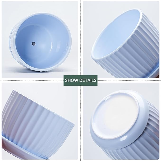Ton Sin Sky Blue Ceramic Flower Pots 4+5+6 Inch Small Succulent Planters with Drainage HoleModern Indoor Decorative Plant Pots Set of 3Garden Pots with Saucer(Blue)