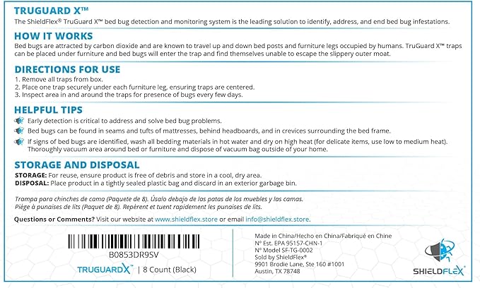 Bed Bug Trap — 8 Pack | TruGuard X Bed Bug Interceptors (Black) | Eco Friendly Traps for Bed Legs | Reliable Insect Detector Interceptor and Monitor for Pest Control and Treatment