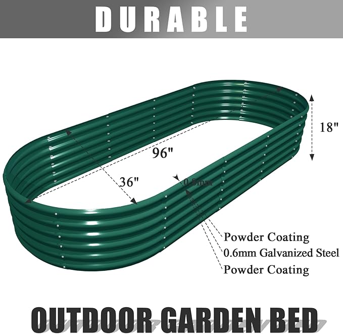 1 Pack 8x3x1.5FT Galvanized Raised Garden Bed Kit Oval Metal Ground Planter Box Outdoor Bottomless Planter Raised Beds for Vegetables Flowers Herbs Fruits Green