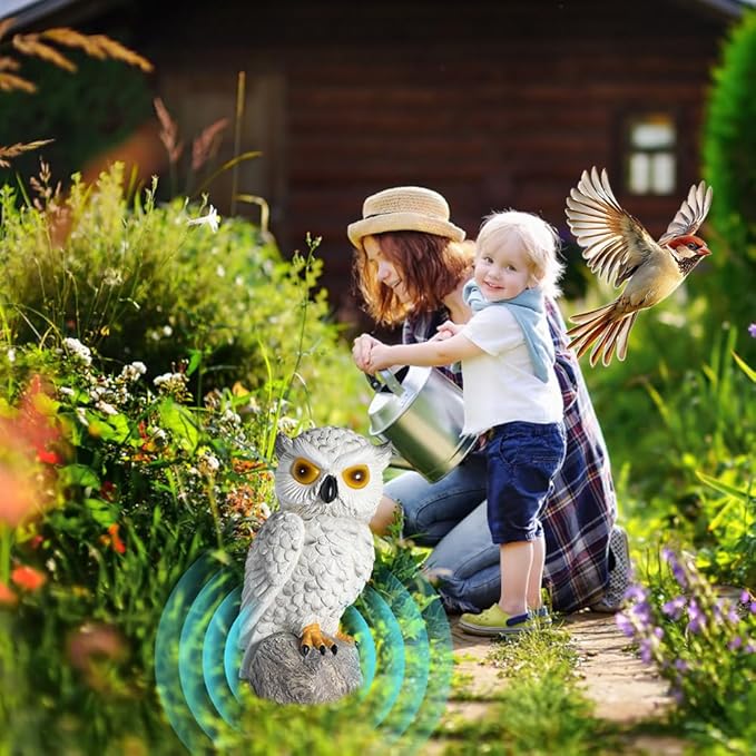1 KINGO Fake Owl Decoy with LED Eyes &amp Ultrasonic Deterrent Scarecrow Owl Decoys to Scare Birds Away Bird Deterrents for Outside Solar Powered Bird Repellent Devices Outdoor Resin Garden Statu
