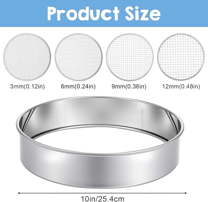4 PCS Sifter for Rocks 10 Inch Soil Sifter for Gardening with 3 6 9 12 mm Stainless Steel Sifting Screen Round Rock Crusher for Sifting Sand Soil Stones Compost and Cat Litter