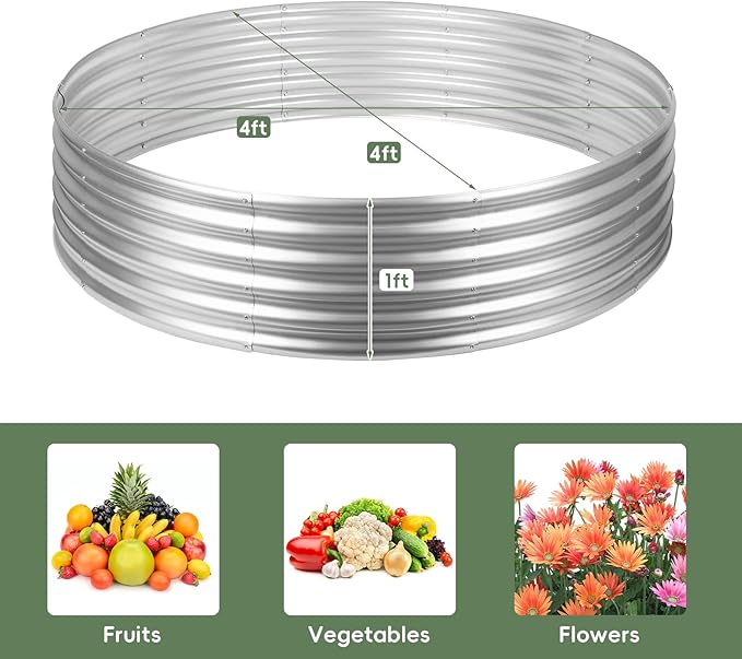 4×4×1FT Galvanized Raised Garden Bed Outdoor Steel Fire Pit Ring Flower Planter Large Round Planter Box Elevated Metal Raised Beds for Gardening Flower Bed Galvanized Tub for Vegetables Fruits