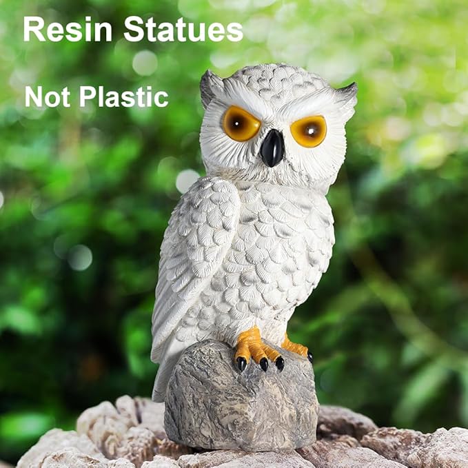 1 KINGO Fake Owl Decoy with LED Eyes &amp Ultrasonic Deterrent Scarecrow Owl Decoys to Scare Birds Away Bird Deterrents for Outside Solar Powered Bird Repellent Devices Outdoor Resin Garden Statu