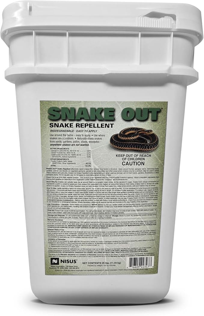 Nisus Snake Out Snake Repellent Biodegradable Safe for Pets and Children Easy Application for Yards Gardens and Sheds 25 lbs