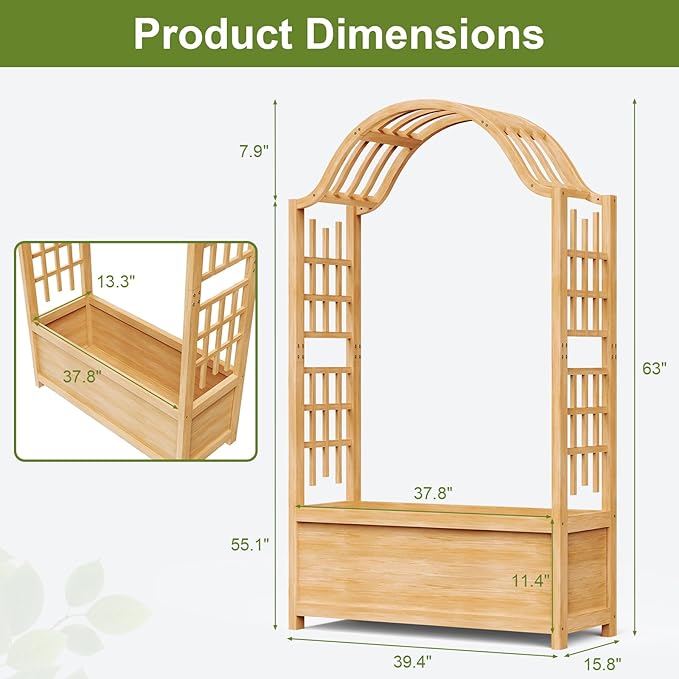Raised Garden Bed with Trellis Freestanding Wood Planter Box w/Hanging Roof &amp Drainage Holes for Vine Climbing Plants Flowers Outdoor Planter with Trellis for Patio Balcony