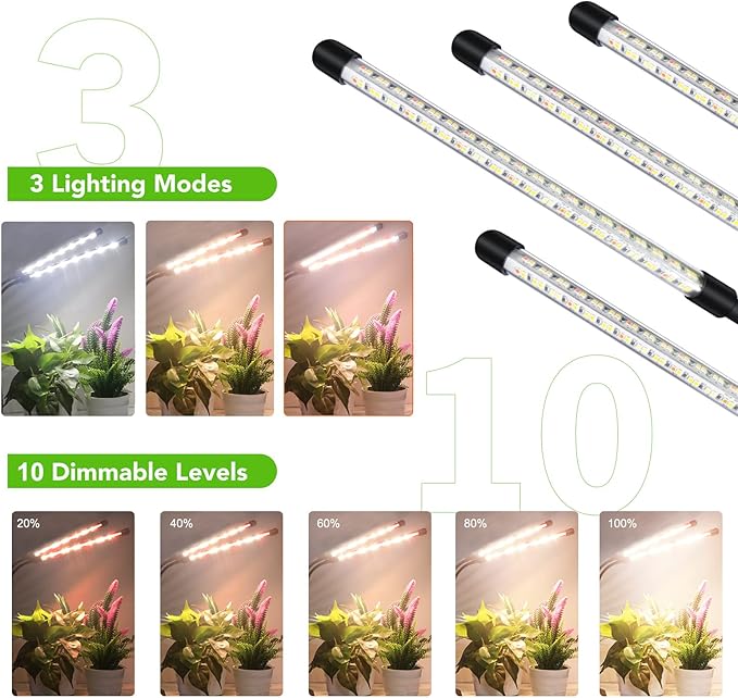 Plant Lights for Indoor Growing Full Spectrum 4 Heads Clip Grow Lamps with 10 Feet Cables for Seeding Blooming and Fruiting(2 Pack)