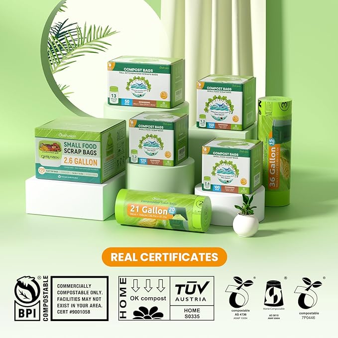 GreFusion Compostable Trash Bags 21 gallon20 CountExtra Thick 1.28 MillsFits13-25 gallon trash can Extra Strong and thickCompostable Lawn &amp Leaf Yard Waste bagsASTM D6400Bpi Certified