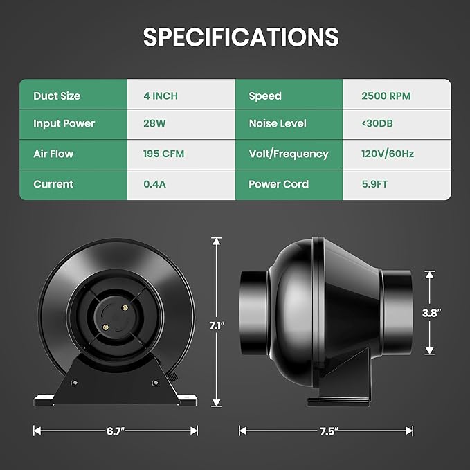 HealSmart 4 Inch Inline Duct Fan 195 CFM Ventilation Fan Exhaust HVAC Vent Blower for Hydroponics Grow Tents Basements Attics 1 Pack Black