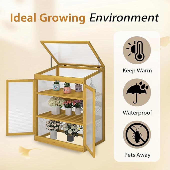 Greenhouse Wooden Cold Frame Greenhouse Garden Portable Mini Greenhouse Cabinet2-Tier Wooden Cold Frame Garden Greenhouse with Transparent Polycarbonate Sheet Keep Plant Warm Enough (Brown)