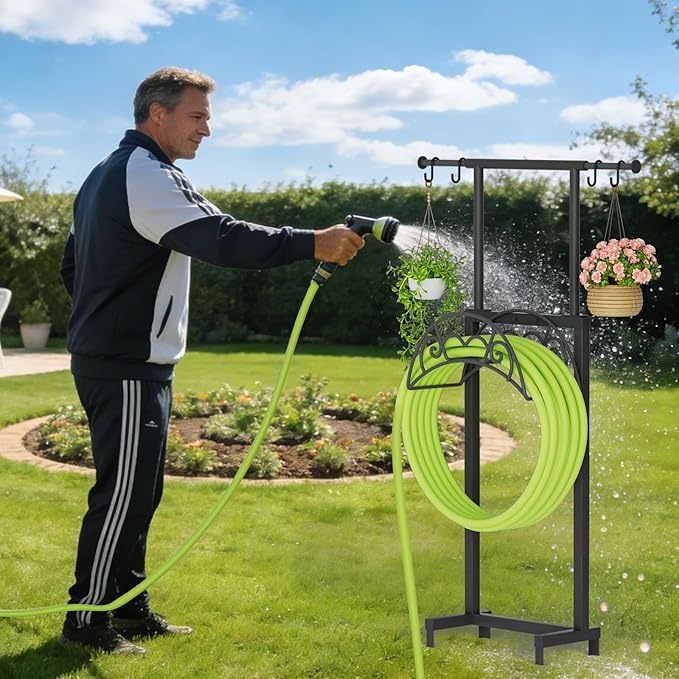 Garden Hose Holder with Telescopic Pole Upgraded Heavy Duty Hose Stand Holds 150ft with 4 Spikes Freestanding Metal Hose Storage and Hanger for Outside Yard Lawn Farm Black