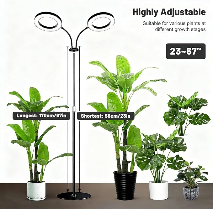 48W LED Grow Light for Indoor Plants Dual-Head Plant Light with Full Spectrum Adjustable Height 23-67 Timer &amp Dimming UV Light for Plants Indoor Grow Lamp for Tall Houseplants