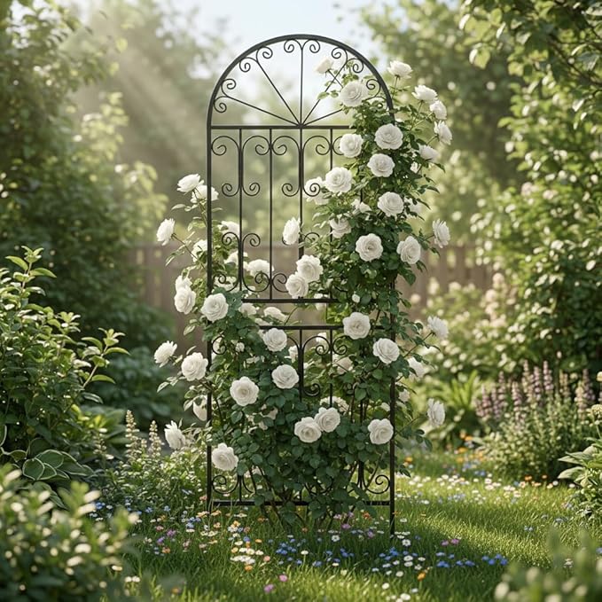 SCENDOR 1 Pack 82.7 H x 26.7 W Extra Tall Arched Metal Garden Trellis - Heavy-Duty Black Iron Scrollwork Fence for Climbing Vines Roses and Ivy - Decorative Privacy Screen for Patio and Backyard