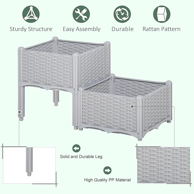 2 Pcs Raised Garden Bed with Legs Self Watering Planter Box Raised Bed to Grow Flowers Herbs Vegetables Gray