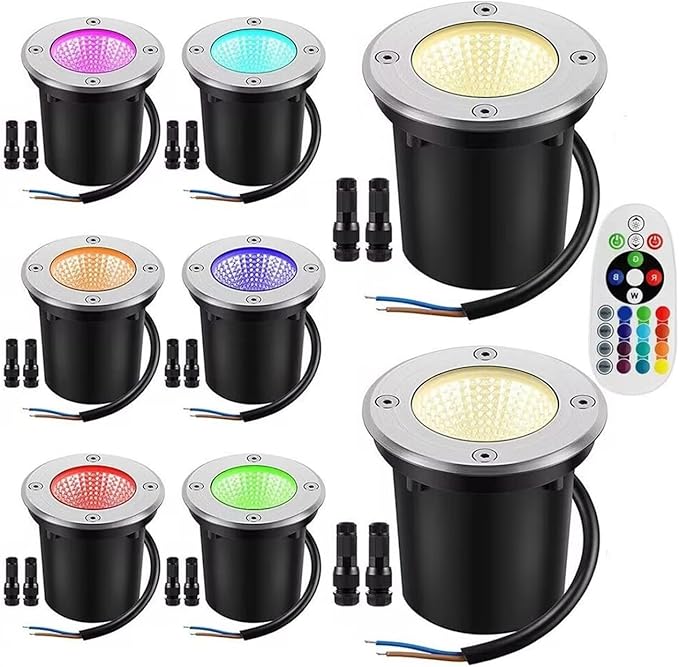 8PCS RGB Buried Yard Lamp - Recessed Led Outdoor Spotlights IP67 Waterproof Color Changing COB Ground Spotlight with Remote Controls 12V/24V LED Garden Landscape Lights(6W- 24v)