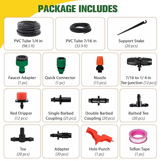 EAGLE PEAK 131 ft Automatic Drip Irrigation Kits DIY 1/4 Distribution Tubing Hose Adjustable Nozzle for Lawn Greenhouse Raised Bed Patio