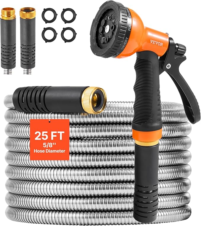 VEVOR Metal Garden Hose 25 ft Rust Proof Stainless Steel Water Hose Heavy Duty Backyard Hose with 10 Function Nozzle No-Kink &amp Flexible Water Pipe Lightweight Metal Hose for Yard Outdoor