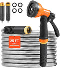VEVOR Metal Garden Hose 25 ft Rust Proof Stainless Steel Water Hose Heavy Duty Backyard Hose with 10 Function Nozzle No-Kink &amp Flexible Water Pipe Lightweight Metal Hose for Yard Outdoor