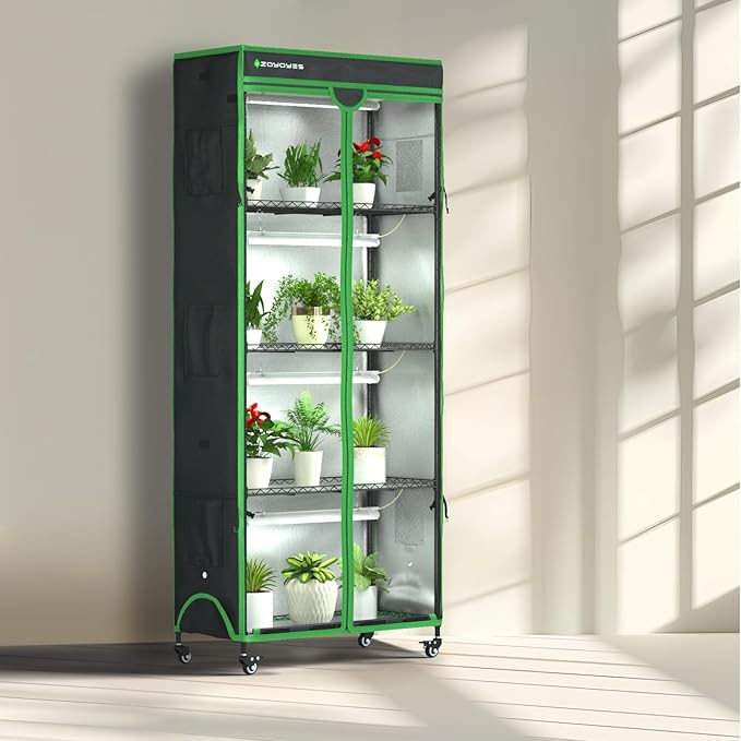 Indoor Greenhouse with Grow Light 35.8 W x 17.8 D x 71.8 H 5-Tier Plant Shelf with 3-Color T8 Growth Lights Plant Stand with Smart Timing Plug and thermohygrometer