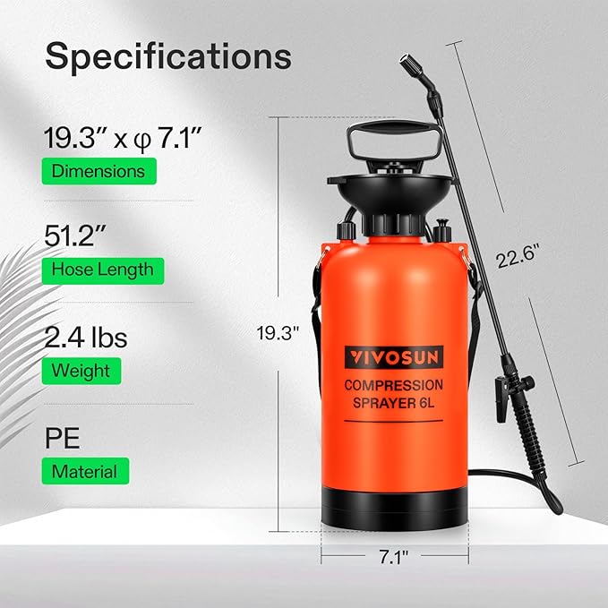 VIVOSUN 1.59-Gallon Pump Pressure Sprayer Pressurized Lawn &amp Garden Water Spray Bottle with Adjustable Shoulder Strap for Plants Spraying Garden Watering and Household Cleaning