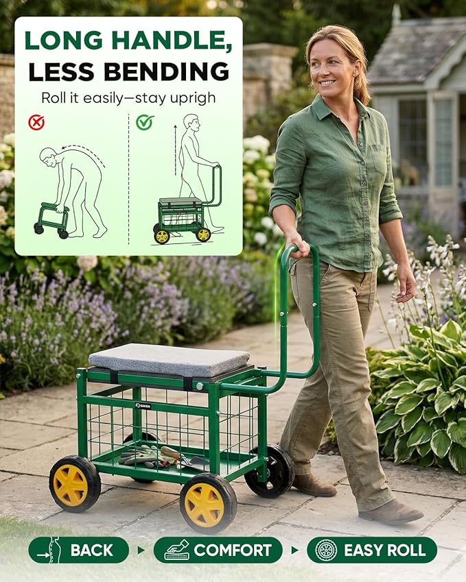 Saker Rolling Garden Cart with Seat &amp Wheels - 15.7'' EVA Padded Rolling Stool 500 lb Steel Frame Large Storage Basket - Garden Wagon Workseat for Patio Lawn Yard (Luxury Version)