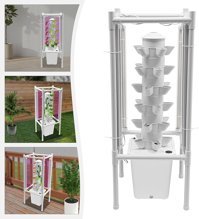 Hydroponic Growing System 30-Plant Vertical Gardening System with 4 LED Grow Lights 6-Layer Tower Hydroponic System for Herbs Fruits and Vegetable (No Seedlings Included) (White)
