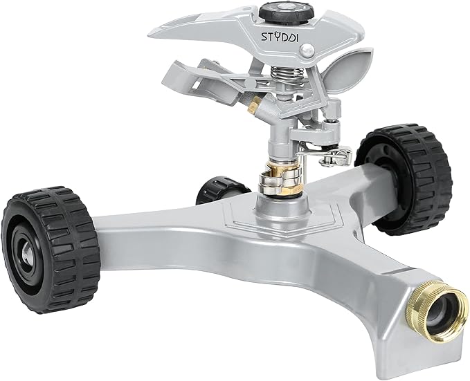 STYDDI Metal Pulsating Sprinkler on in-Series Metal Wheeled Base Adjustable Circular Water Sprinkler for Medium to Large Circular Lawn Yard Garden and Large Areas Coverage up to 6360 Sq. ft