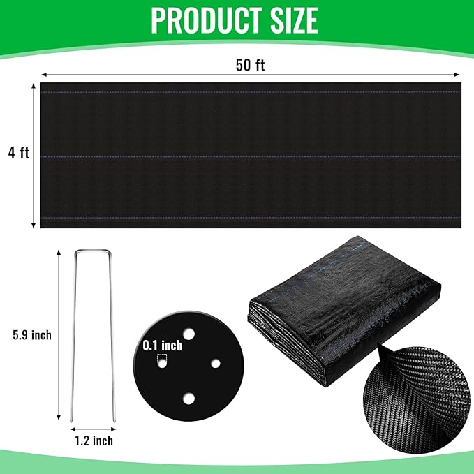 4 x 50Ft Garden Weed Barrier Landscape Fabric Garden Fabric Weed Mat Ground Cover Weed Block Gardening Mat with 4 Ground Nail for Outdoor Garden