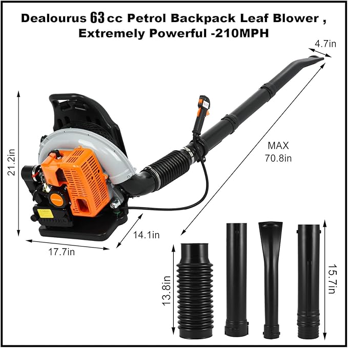 Backpack Leaf Blower 63CC Gas Leaf Blower Snow Blower 2-Stroke Engine 1.7 L Fuel Tank 6800r/min Large Air Volume blowers for Lawn Care Road Cleaning
