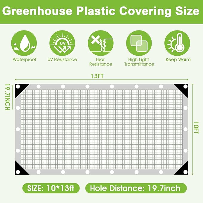 16 Mil Clear Plastic Tarps Heavy Duty Waterproof 10x13 FTGreen House Plastic Covering SheetingUV Resistant Greenhouse Cover Clear Tarp with Grommets for GardenFarmsNurseryChicken Coop Winter Wrap