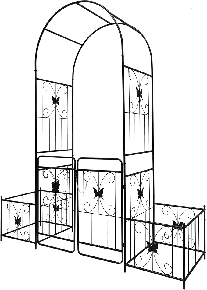 86''H Metal Garden Arch Rustproof Garden Arbor Trellis with Two Plants Stand and Gate 0.63'' Dia Galvanized Tube Plant Trellis for Climbing Plants Rose Jasmine (Black)