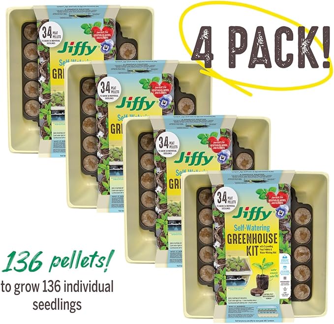 Jiffy Seed Starter Tray Kit - Self-Watering High Germination Rate Seedling Tray - 4 Pack - Peat/Plastic