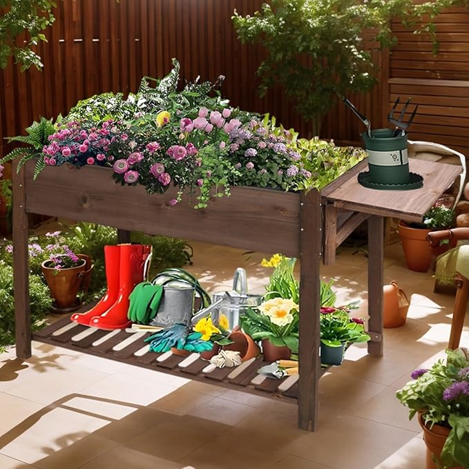 Elevated 8 Pocket Herb Garden BedWooden Standing Planter Box with LegsFoldable Side Table and Storage Shelf Patio Raised Garden Bed for HerbsVegetablesFlowers (Dark Brown 49 Inch)