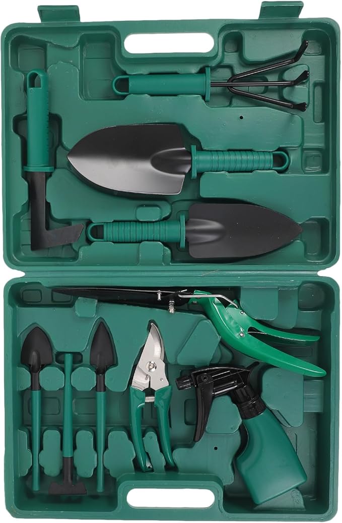 Angoily Heavy Duty Gardening Tool Set with Shovel Rake and Shears 10pcs Portable Garden Hand Tools Kit with Carrying Case for Planting and Pruning