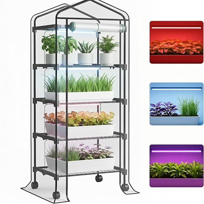 Mini Indoor Greenhouse with Grow Light - Portable Outdoor for Plants Green House Cabinet with Wheels Tent Cover 4 LED Lights with Dimmable 3 Color 36W 4 Tier Gardening Shelves