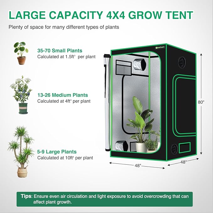 Yesker 4x4 Grow Tent 48x48x80 High Reflective Mylar Indoor Growing Tents 600D Oxford Cloth with Observation Window and Removable Floor Tray for Hydroponics Indoor Plants Fruit Flower Veg Growing