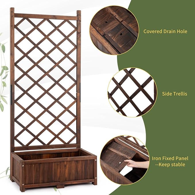 Wood Planter Raised Garden Bed with Trellis 67 Inch Tall Outdoor Garden Flower Standing Planter Box Privacy Screen Lattice Panels