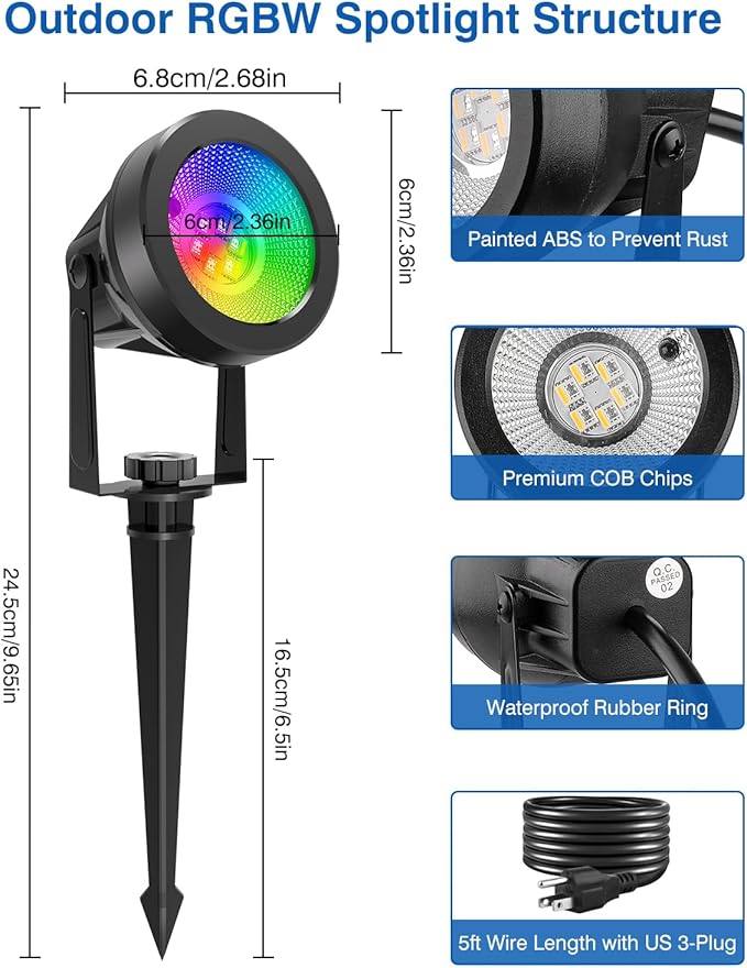 RGB Spot Lights Outdoor Color Changing Landscape Lighting Waterproof Spotlight with US Plug for Yard Tree Garden Path House Halloween Christmas Decoration (6 Pack)