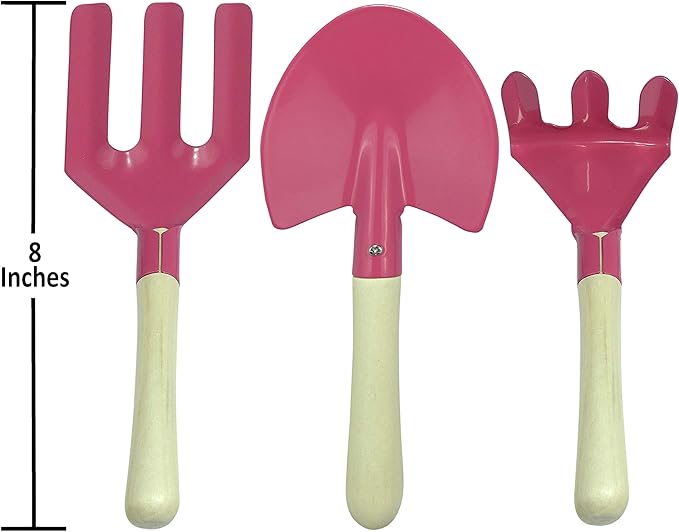 Kids Gardening Tool Set with Matching Sun Hat (Pink)