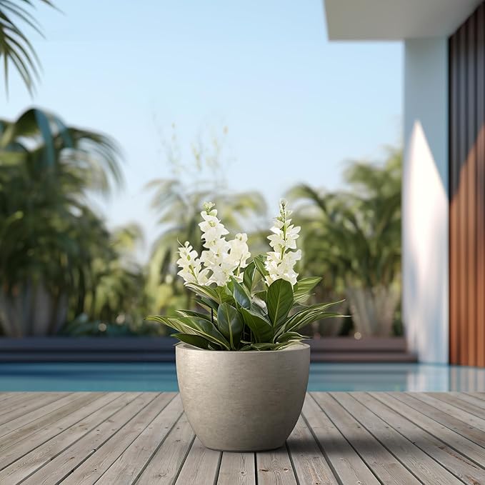 Kante 14.2 Inch Round Concrete Planter - Classic Large Indoor/Outdoor Plant Pot with Drainage Hole and Rubber Plug Suitable for Gardens and Patios Weathered Concrete