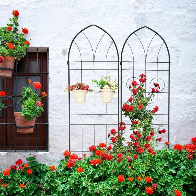 Sturdy Metal Garden Trellis for Climbing Plants – Rust-Resistant Outdoor Flower Support with Decorative Lattice Design (2 Pack-Black)
