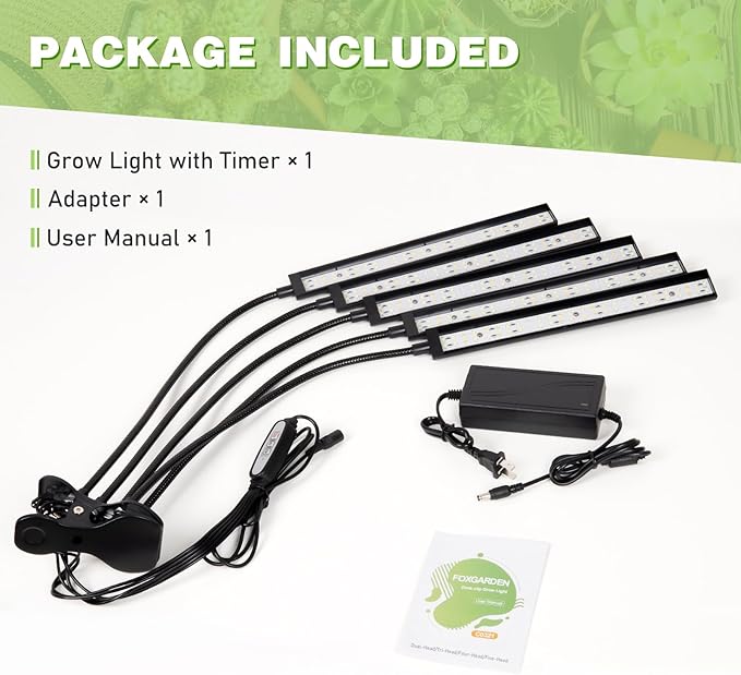 FOXGARDEN Grow Lights for Indoor Plants Full Spectrum Plant Lights for Indoor Growing with Timer 4/8/12 H Five-Head 260 LED Clip Grow Lamp with Gooseneck 4 Brightness Levels for Plant Growing