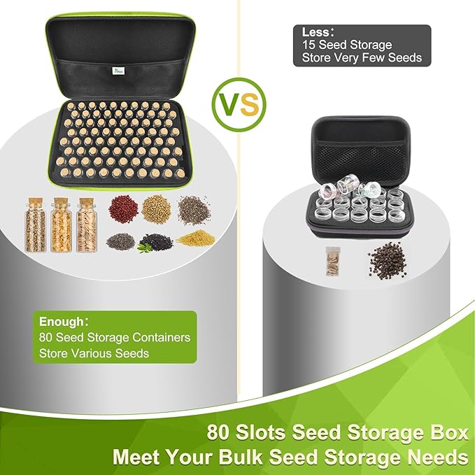 【80 Slots】 Seed Storage Organizer Sturdy Organizer Box with Dual Zipper Bag and 84Pcs Label Stickers Glass Seed Storage Container for Flower Vegetable Plants Garden Seeds Saving Green