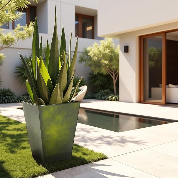 Worth Garden Large Metal Glazed Floor Planter Set of 2-14 Dia x 18 H - Luxurious Glossy Finish Green Tall Square Tapered Steel Plant Pots Decor Flower Pot Indoor &amp Outdoor Drainage Hole