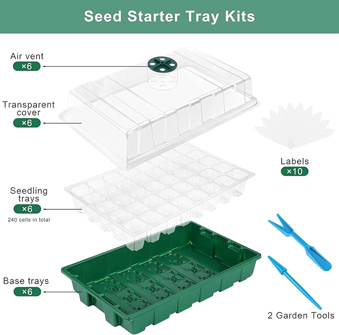 Elcoho 6 Pack Seed Starter Tray Kit 40 Cells Seedling Trays with Humidity Dome and Base Mini Propagator Plant Nursery Pots Total 240 Cells for Greenhouse Plants Growing Green