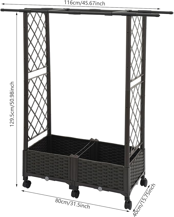 Grid-Patterned Flower Box with WheelsRaised Garden Bed Planter with TrellisOutdoor Planter Garden Box for Backyard Balcony Patio