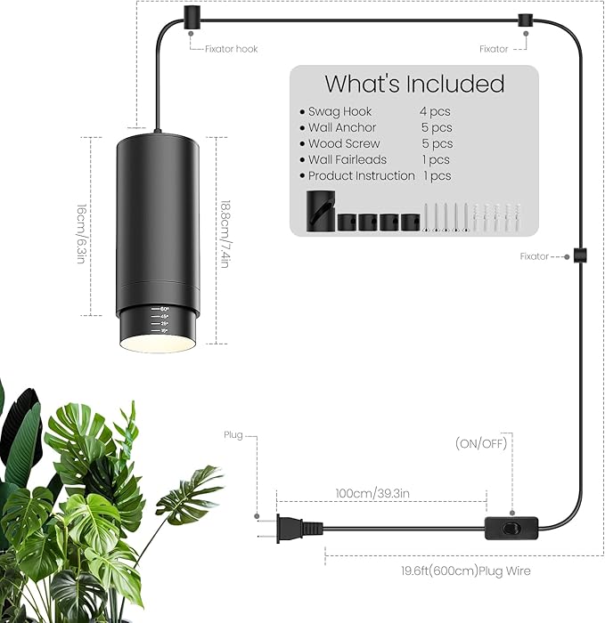 Remote Control Hanging Grow Lights for Indoor Plants 30W Hanging Plant Light with Auto On/Off Timer Full Spectrum LED Grow Light 3000K-5000K Dimmable Plug in Pendant Hanging Lights Black