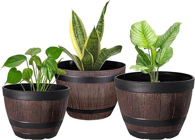 VECELO Plant Pots with Drainage Holes &amp Saucer 9/11.3/13 Inch Flower Pots with Tray 3 Pack Plastic Whiskey Barrel Planters for Indoor &amp Outdoor Garden Home Plants and Flowers