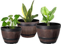 VECELO Plant Pots with Drainage Holes &amp Saucer 9/11.3/13 Inch Flower Pots with Tray 3 Pack Plastic Whiskey Barrel Planters for Indoor &amp Outdoor Garden Home Plants and Flowers